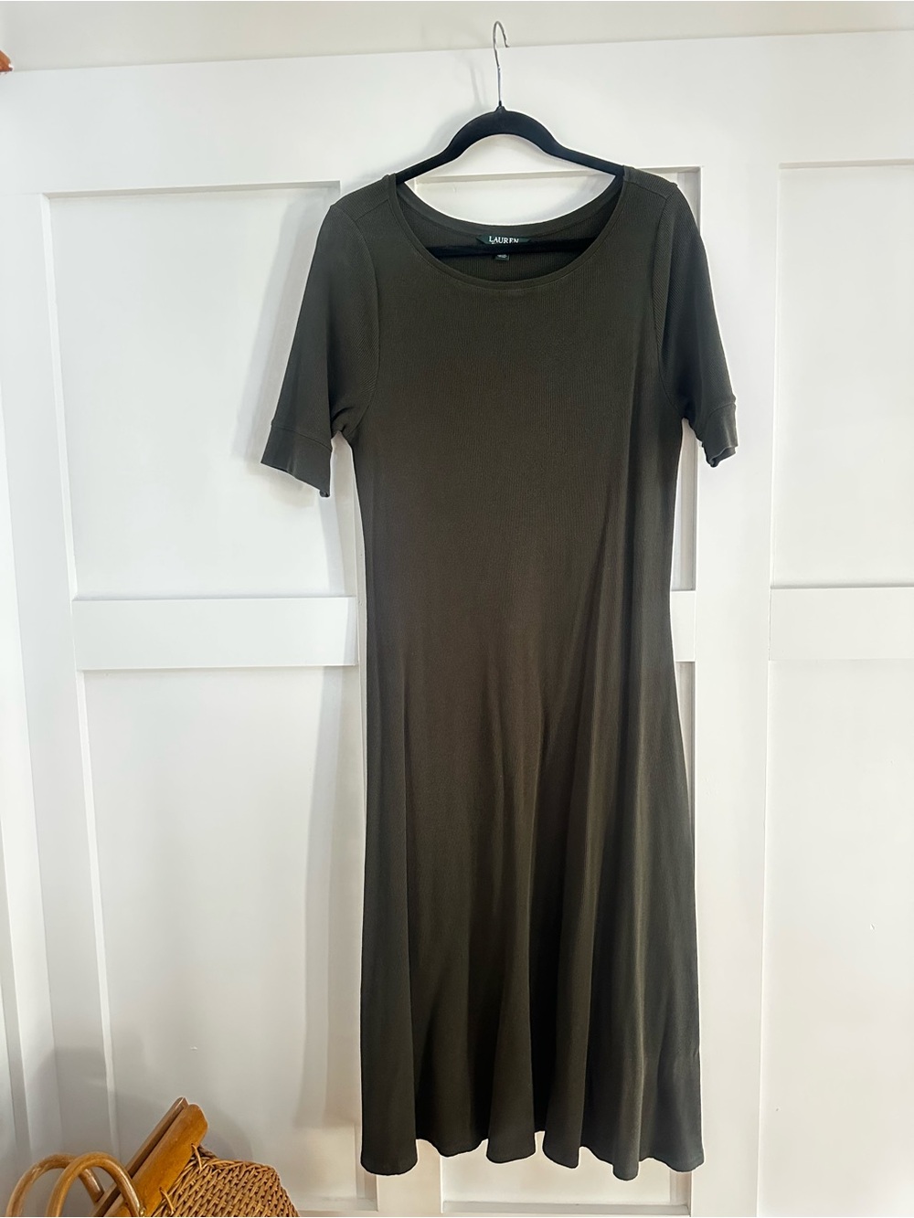 Ralph Lauren Olive Green Short-Sleeve Midi Knit Dress